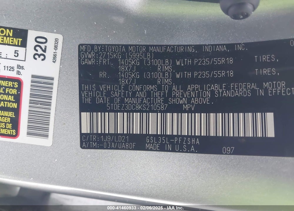 2019 TOYOTA SIENNA SE 7 PASSENGER VIN: 5TDEZ3DC8KS210587
