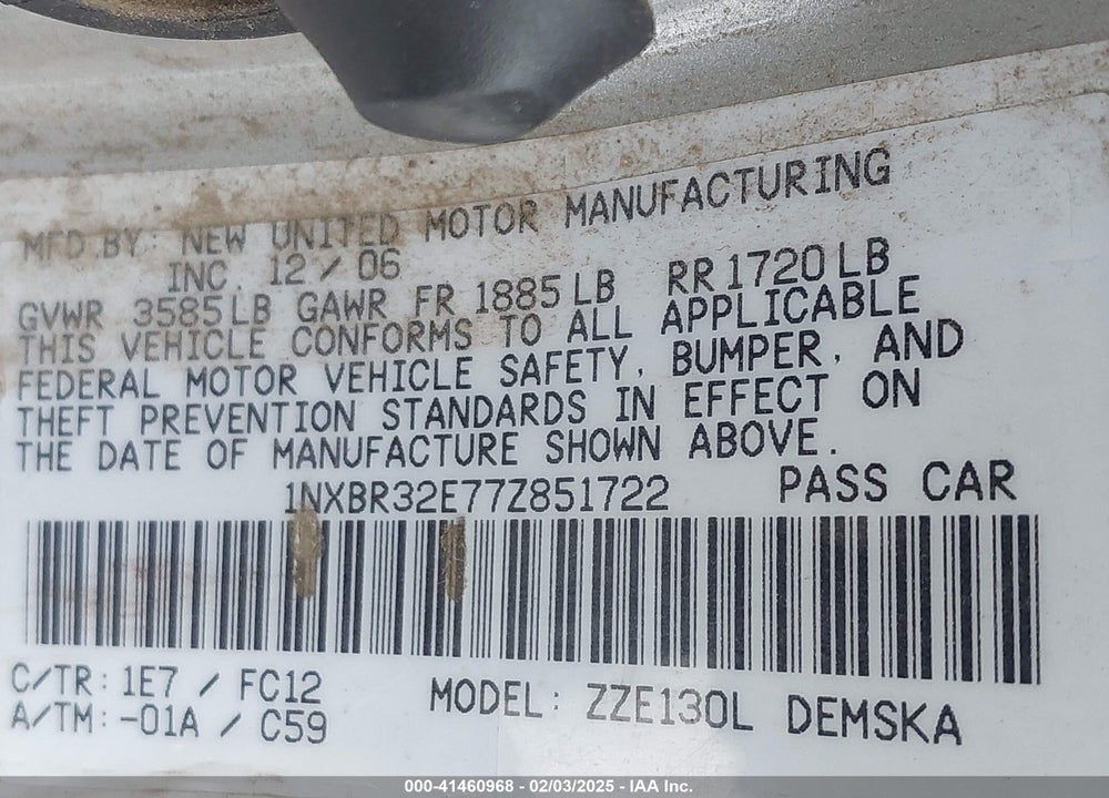 2007 TOYOTA COROLLA S VIN: 1NXBR32E77Z851722