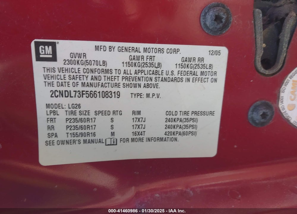 2006 CHEVROLET EQUINOX LT VIN: 2CNDL73F566108319