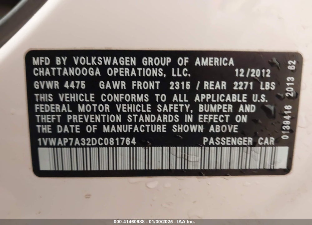 2013 VOLKSWAGEN PASSAT 2.5L S VIN: 1VWAP7A32DC081764