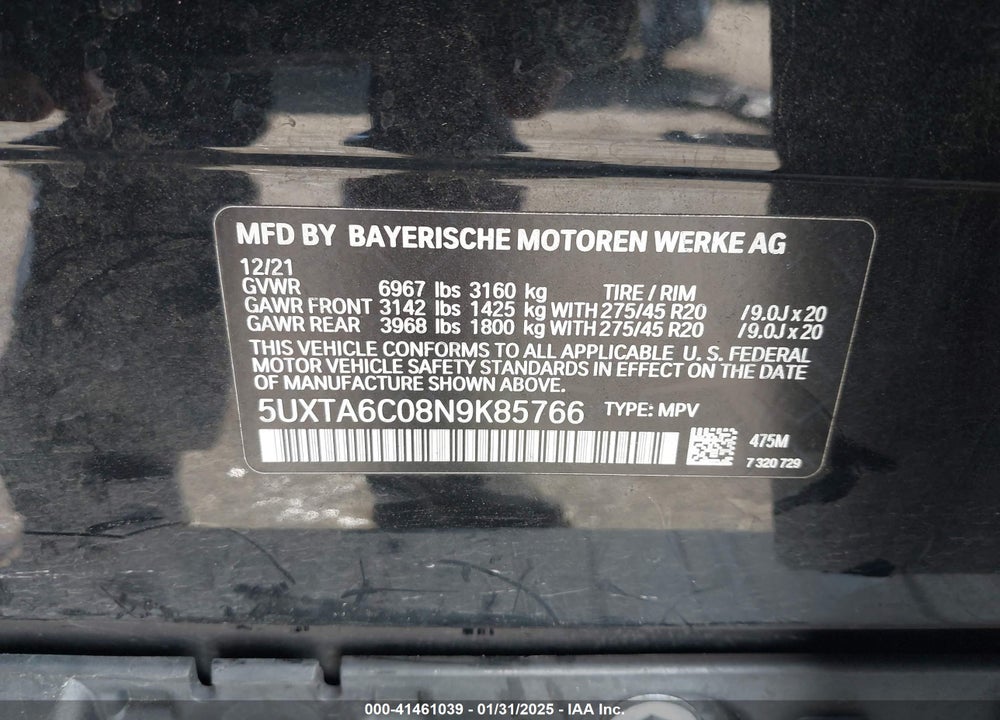 2022 BMW X5 PHEV XDRIVE45E VIN: 5UXTA6C08N9K85766
