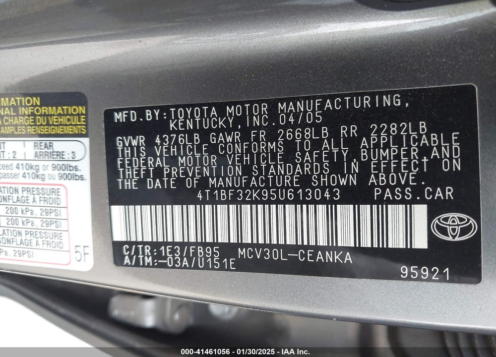 2005 TOYOTA CAMRY VIN: 4T1BF32K95U613043