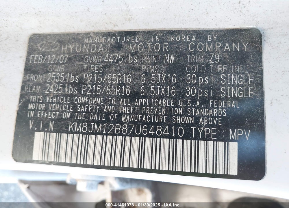 2007 HYUNDAI TUCSON GLS VIN: KM8JM12B87U648410