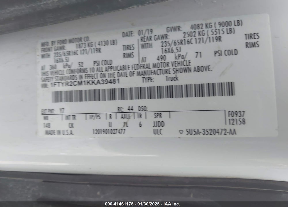 2019 FORD TRANSIT-250 VIN: 1FTYR2CM1KKA39481
