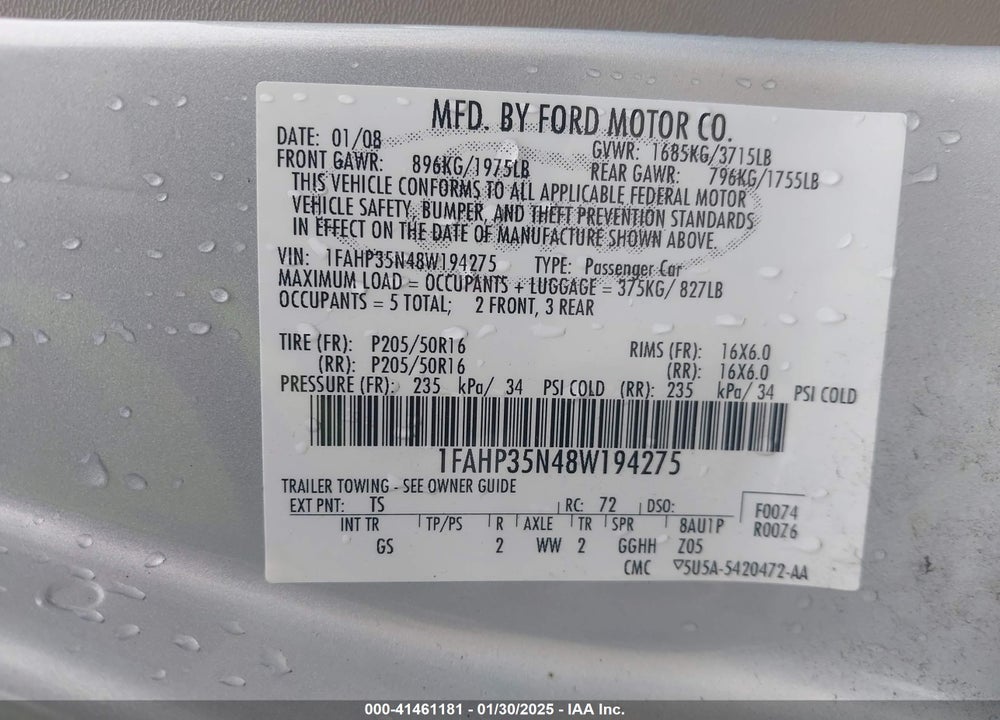 2008 FORD FOCUS SE/SES VIN: 1FAHP35N48W194275