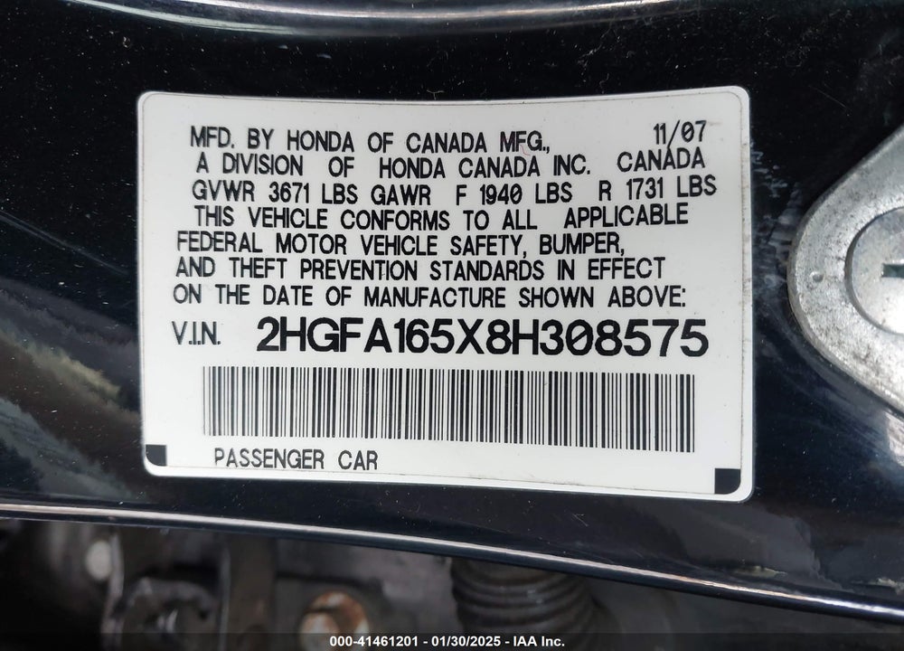 2008 HONDA CIVIC LX VIN: 2HGFA165X8H308575