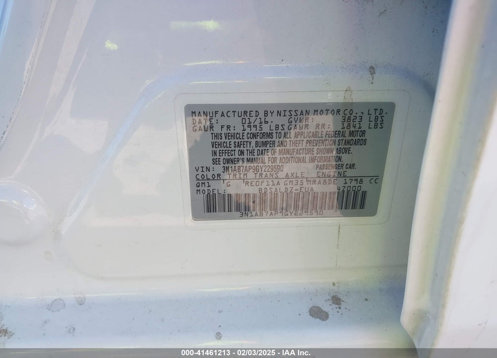 2016 NISSAN SENTRA VIN: 3N1AB7AP9GY229590