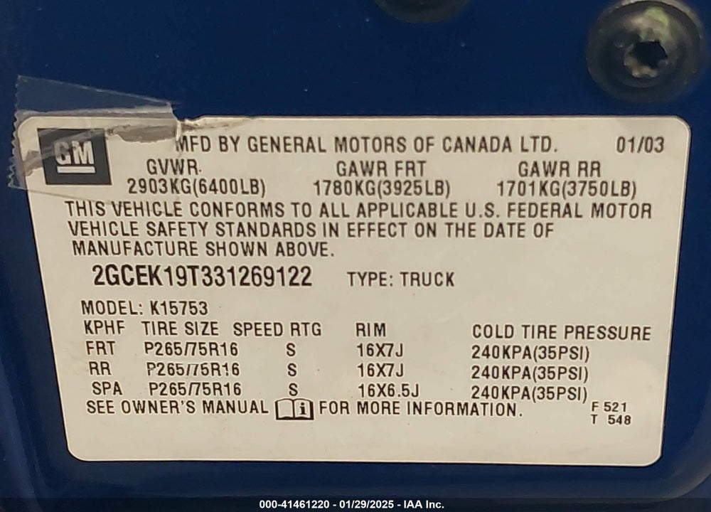 2003 CHEVROLET SILVERADO 1500 LT VIN: 2GCEK19T331269122