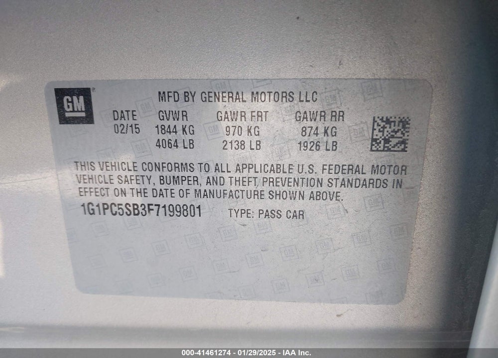 2015 CHEVROLET CRUZE 1LT AUTO VIN: 1G1PC5SB3F7199801
