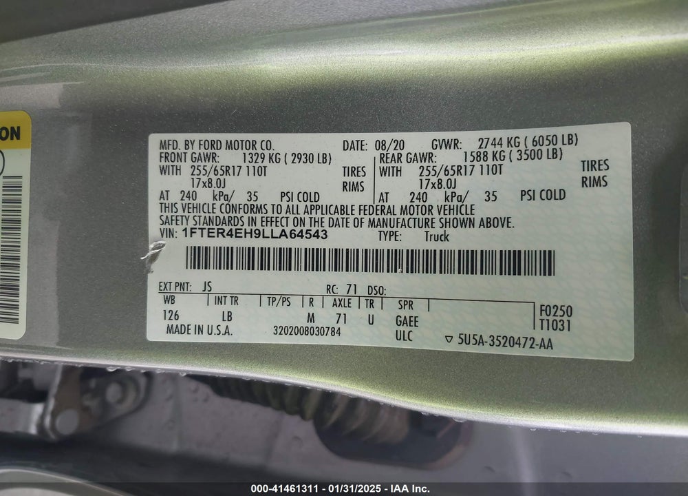 2020 FORD RANGER VIN: 1FTER4EH9LLA64543