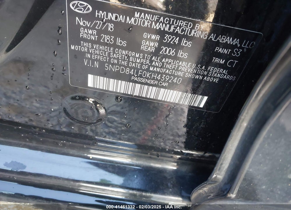 2019 HYUNDAI ELANTRA VIN: 5NPD84LF0KH439240