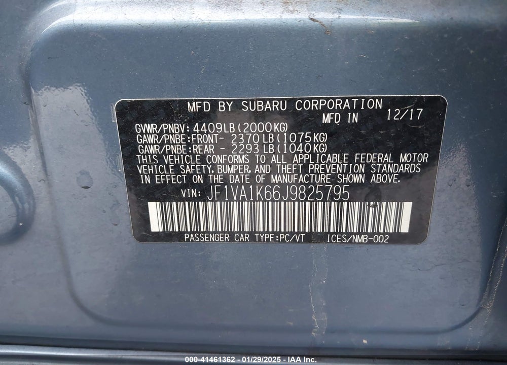2018 SUBARU WRX VIN: JF1VA1K66J9825795