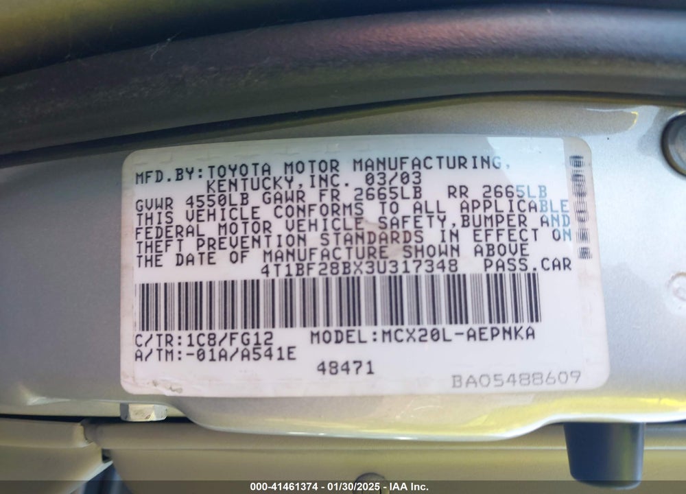 2003 TOYOTA AVALON XL VIN: 4T1BF28BX3U317348