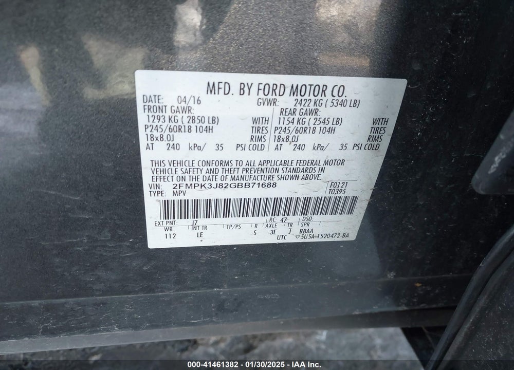 2016 FORD EDGE VIN: 2FMPK3J82GBB71688