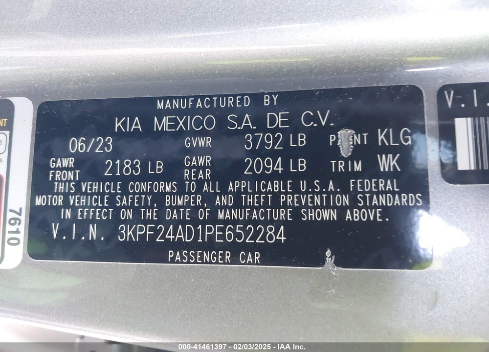 2023 KIA FORTE VIN: 3KPF24AD1PE652284