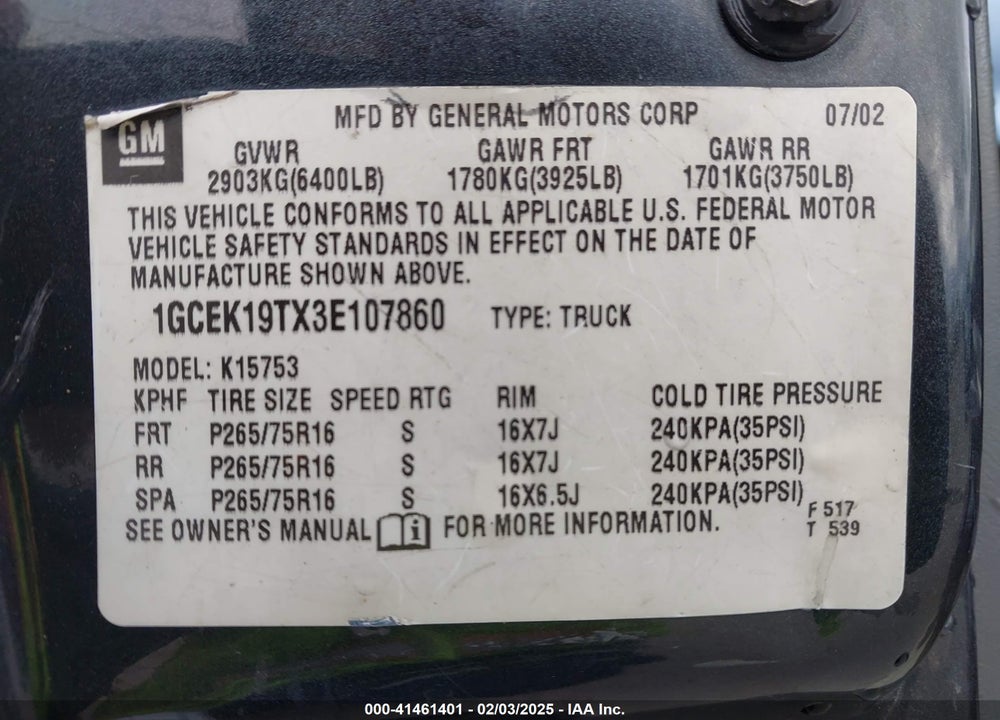 2003 CHEVROLET SILVERADO 1500 LT VIN: 1GCEK19TX3E107860