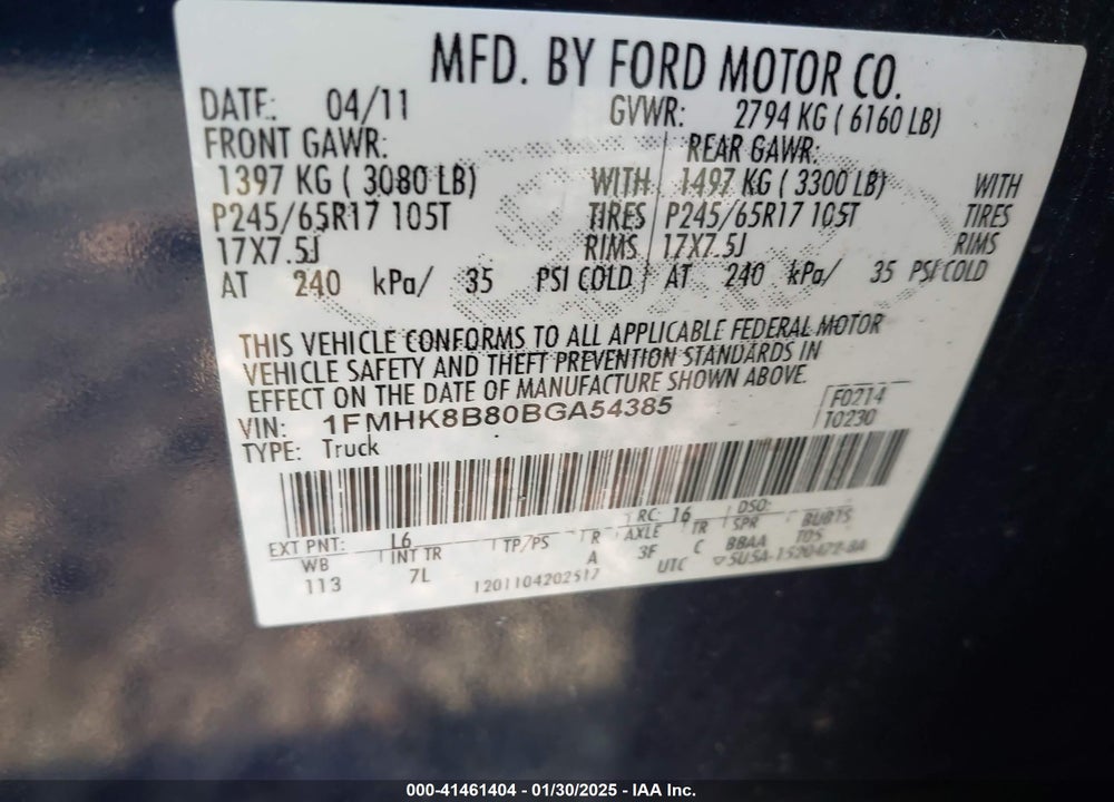 2011 FORD EXPLORER VIN: 1FMHK8B80BGA54385