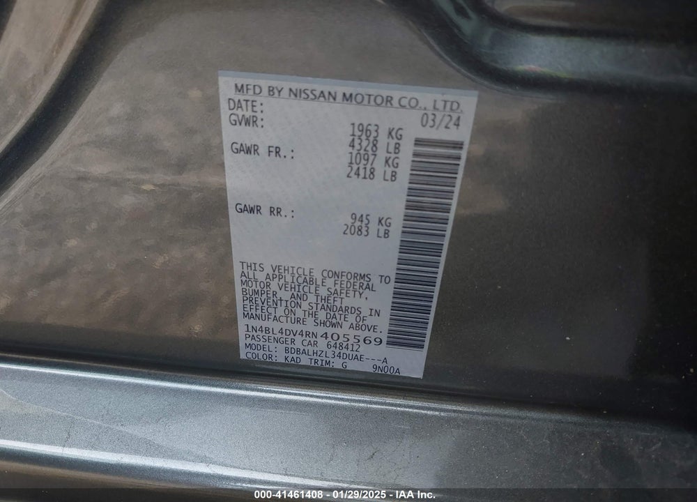 2024 NISSAN ALTIMA SV FWD VIN: 1N4BL4DV4RN405569