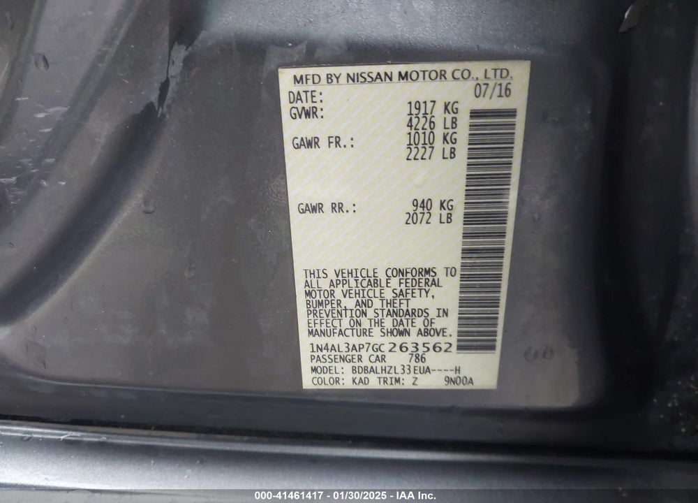2016 NISSAN ALTIMA 2.5 SR VIN: 1N4AL3AP7GC263562