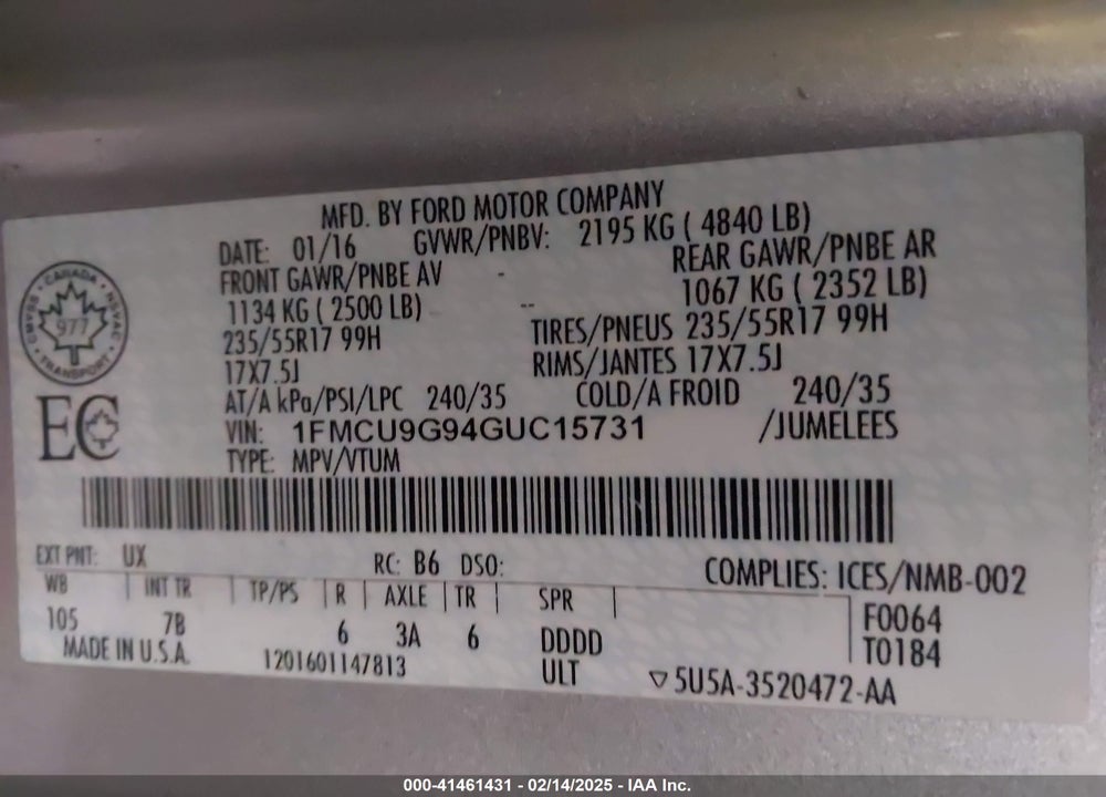 2016 FORD ESCAPE VIN: 1FMCU9G94GUC15731