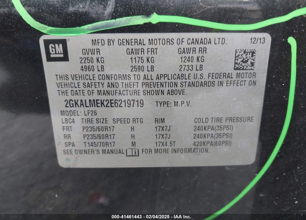 2014 GMC TERRAIN VIN: 2GKALMEK2E6219719