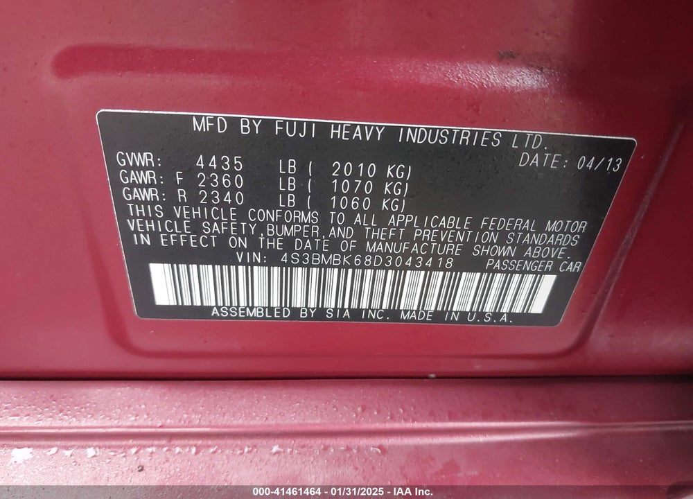 2013 SUBARU LEGACY 2.5I LIMITED VIN: 4S3BMBK68D3043418