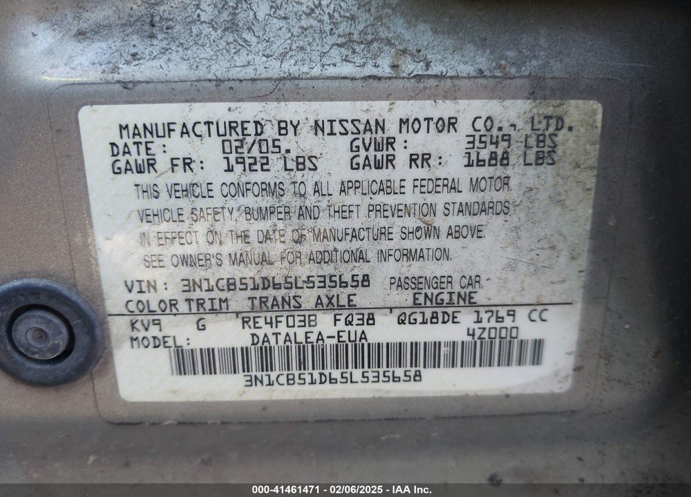 2005 NISSAN SENTRA 1.8S VIN: 3N1CB51D65L535658