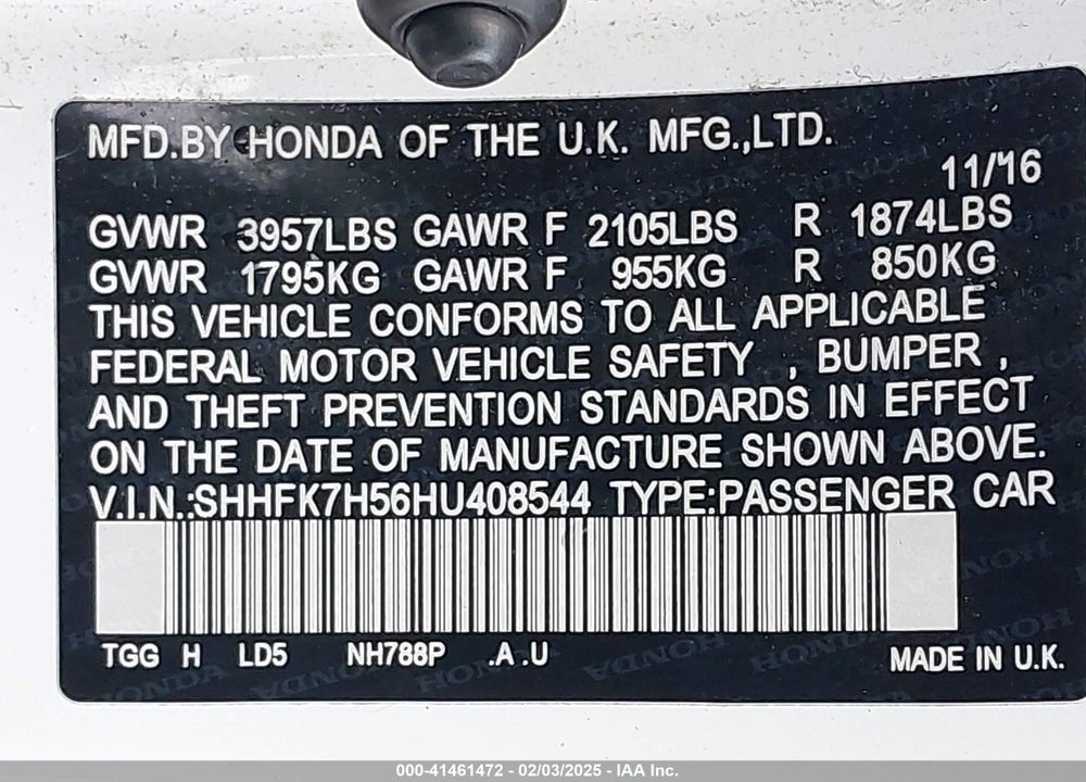 2017 HONDA CIVIC VIN: SHHFK7H56HU408544