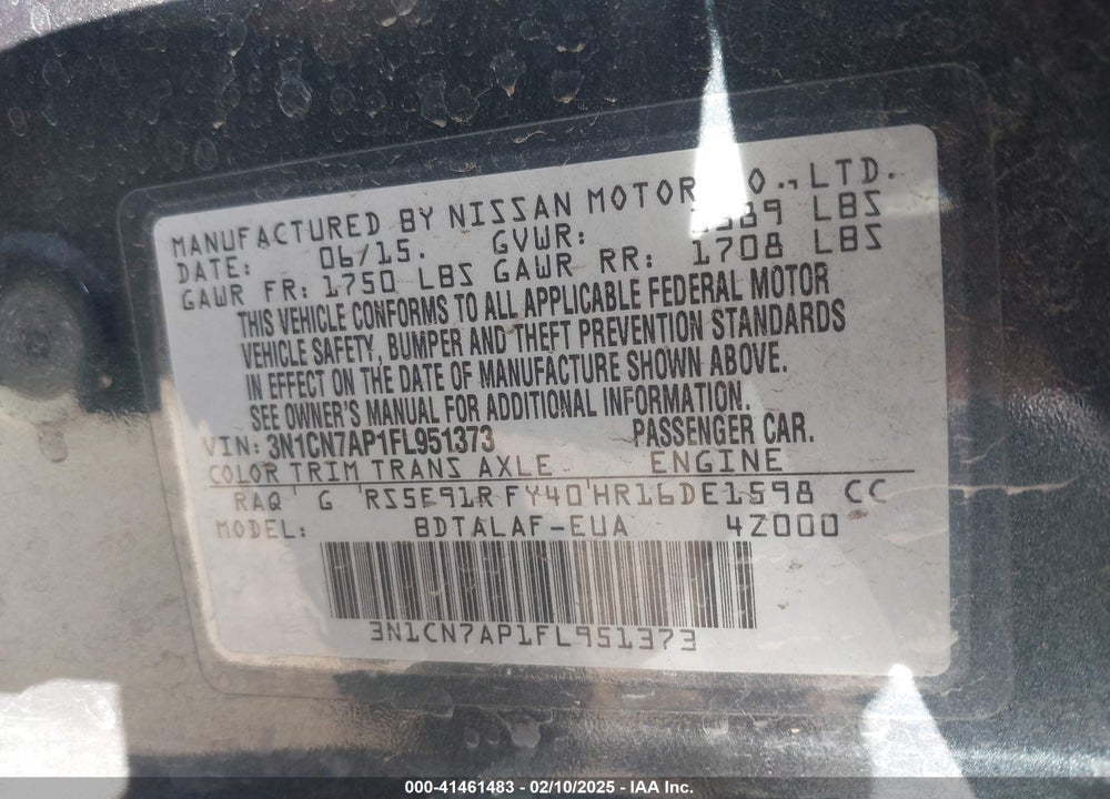 2015 NISSAN VERSA VIN: 3N1CN7AP1FL951373