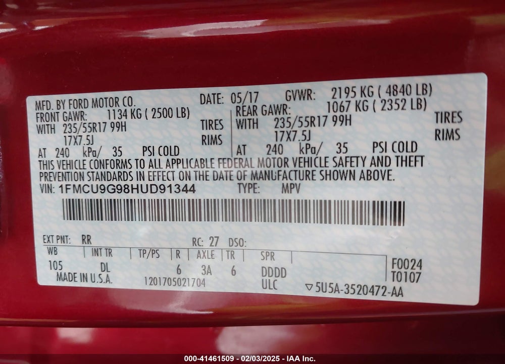 2017 FORD ESCAPE VIN: 1FMCU9G98HUD91344