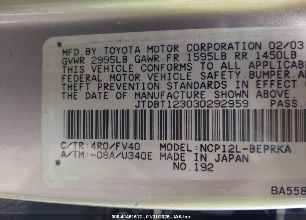 2003 TOYOTA ECHO VIN: JTDBT123030292959