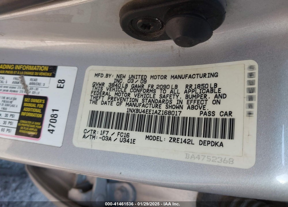 2010 TOYOTA COROLLA VIN: 1NXBU4EE1AZ168017
