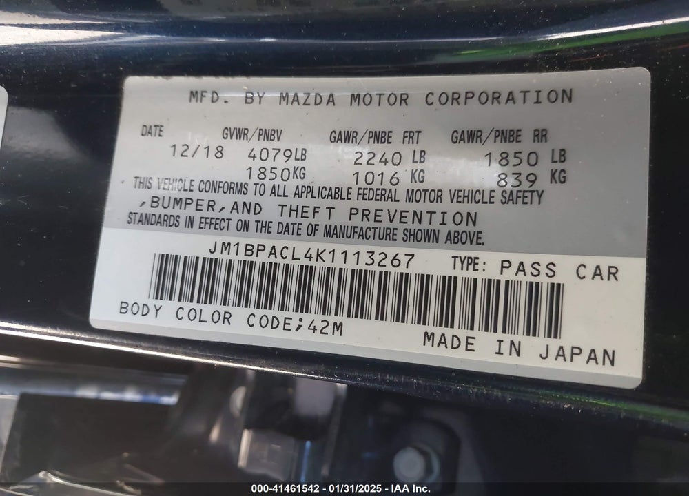 2019 MAZDA MAZDA3 VIN: JM1BPACL4K1113267