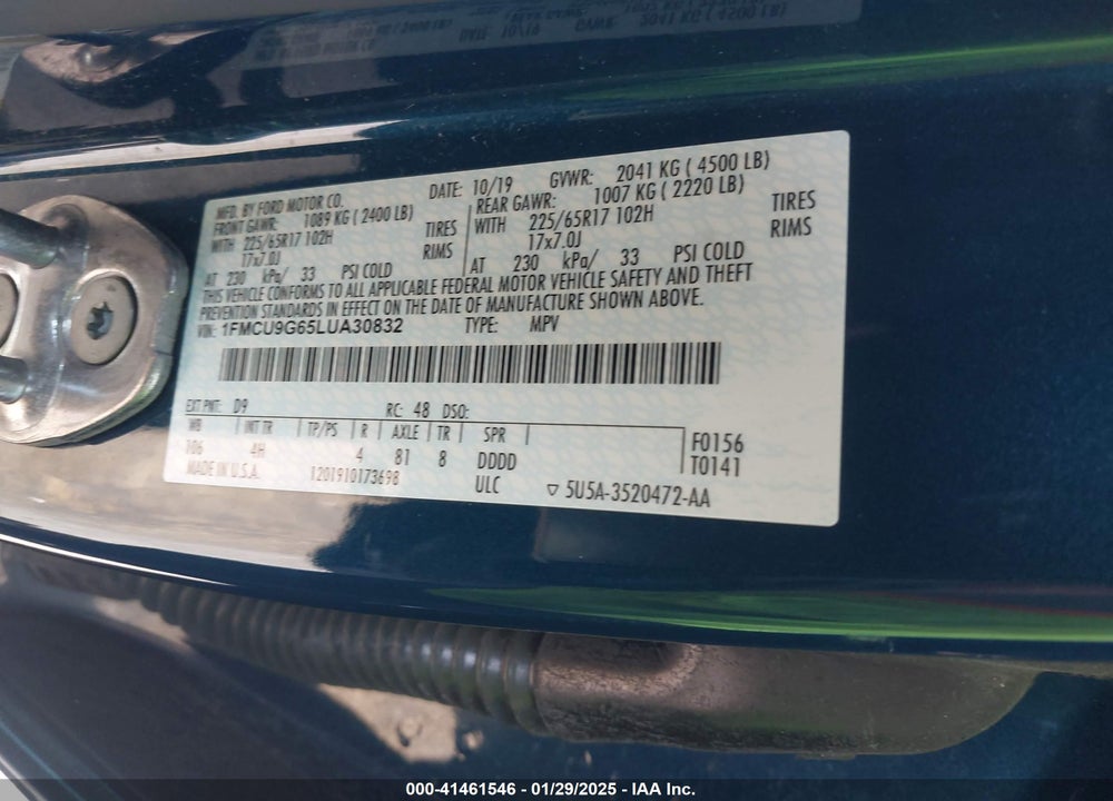 2020 FORD ESCAPE SE VIN: 1FMCU9G65LUA30832