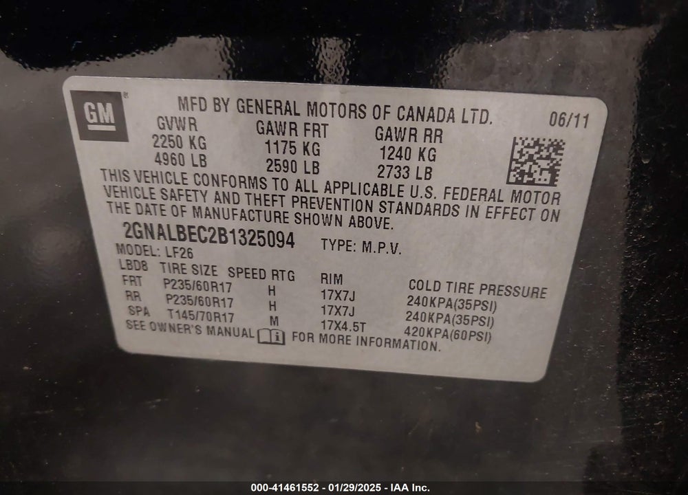 2011 CHEVROLET EQUINOX LS VIN: 2GNALBEC2B1325094