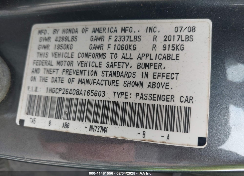 2008 HONDA ACCORD VIN: 1HGCP26408A165603