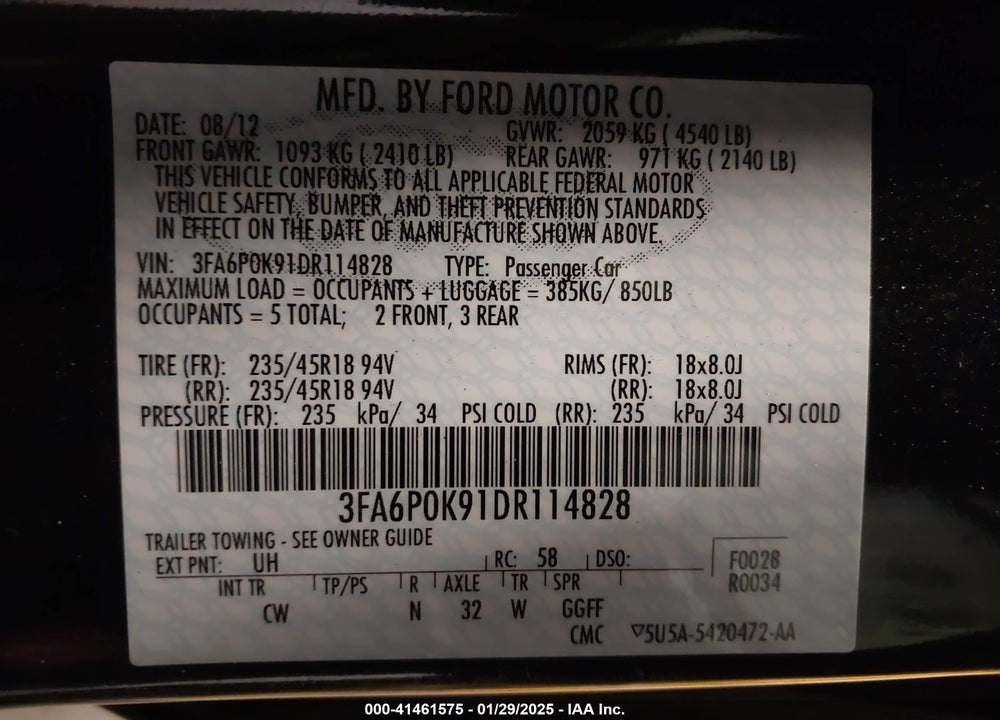 2013 FORD FUSION TITANIUM VIN: 3FA6P0K91DR114828