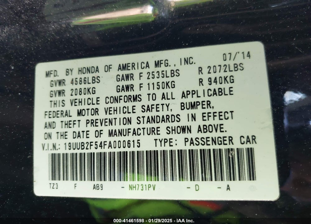 2015 ACURA TLX VIN: 19UUB2F54FA000615