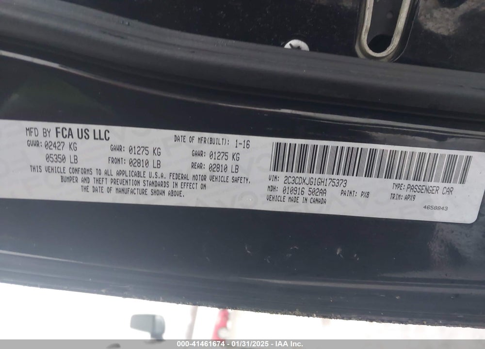 2016 DODGE CHARGER VIN: 2C3CDXJG1GH175373