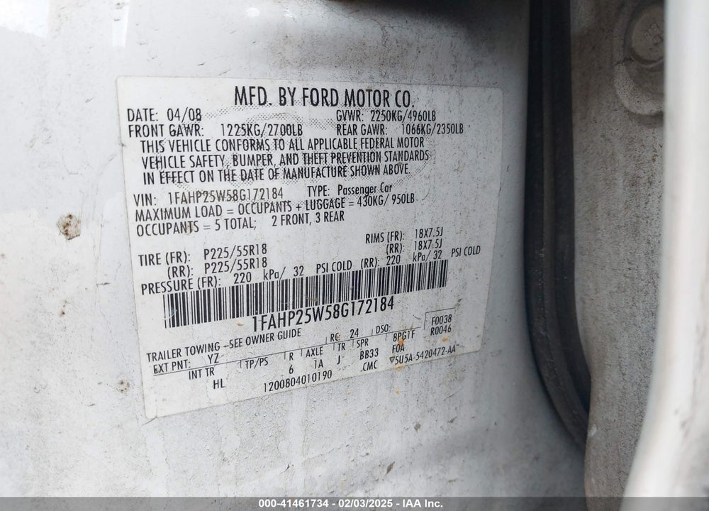 2008 FORD TAURUS VIN: 1FAHP25W58G172184