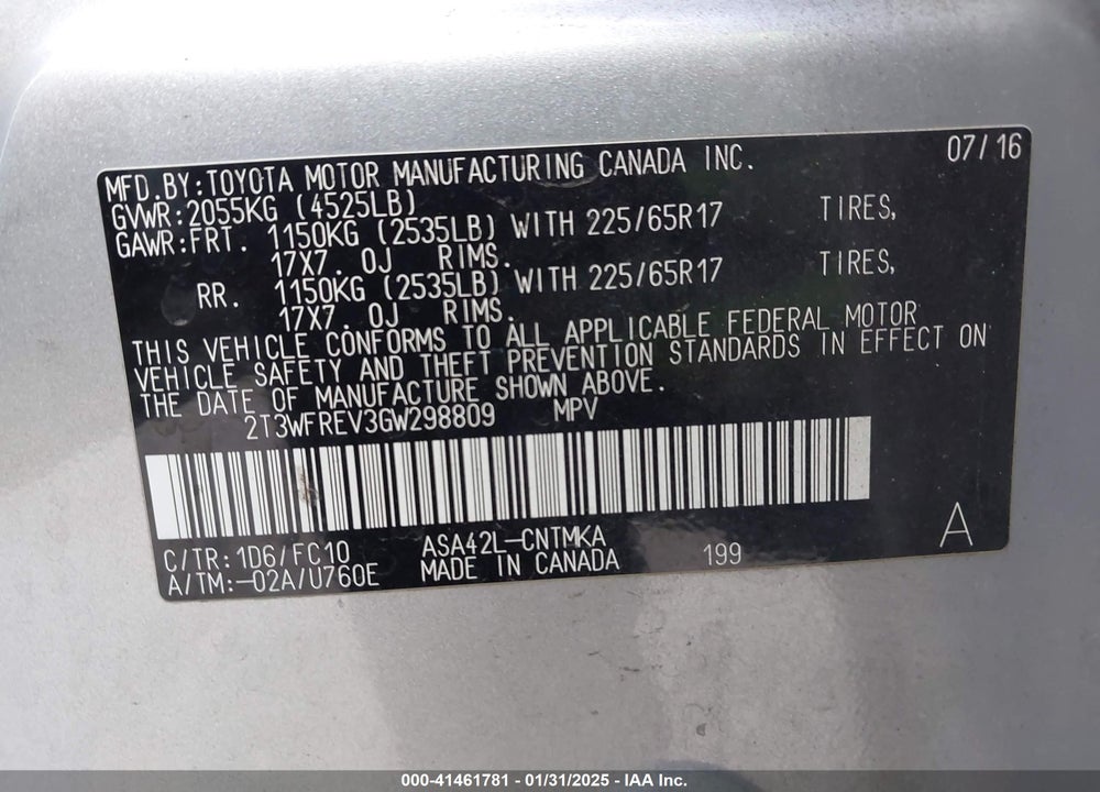 2016 TOYOTA RAV4 XLE VIN: 2T3WFREV3GW298809