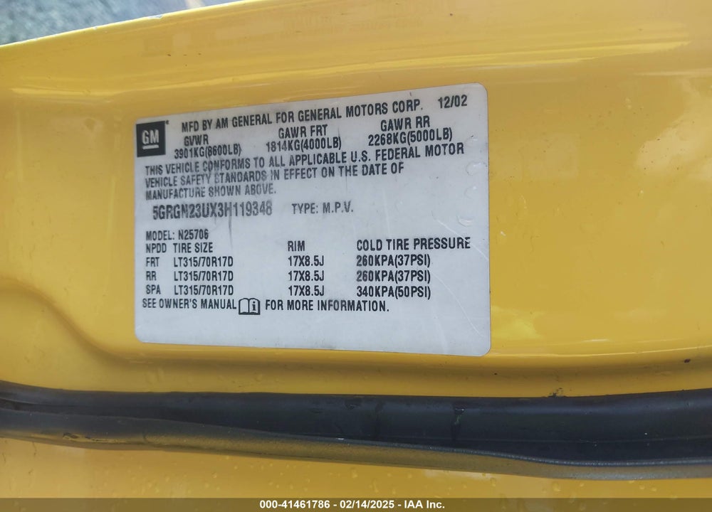 2003 HUMMER H2 VIN: 5GRGN23UX3H119348