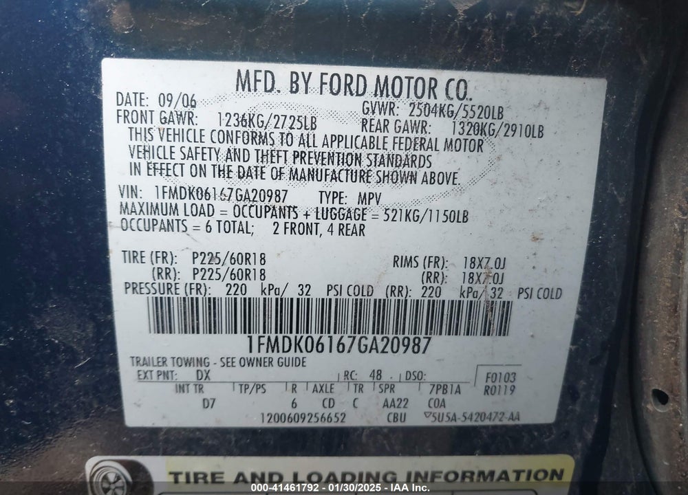 2007 FORD FREESTYLE LIMITED VIN: 1FMDK06167GA20987