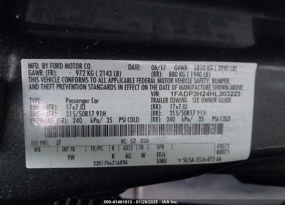 2017 FORD FOCUS VIN: 1FADP3H24HL303223