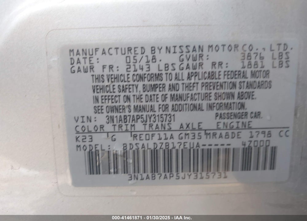 2018 NISSAN SENTRA VIN: 3N1AB7AP5JY315731