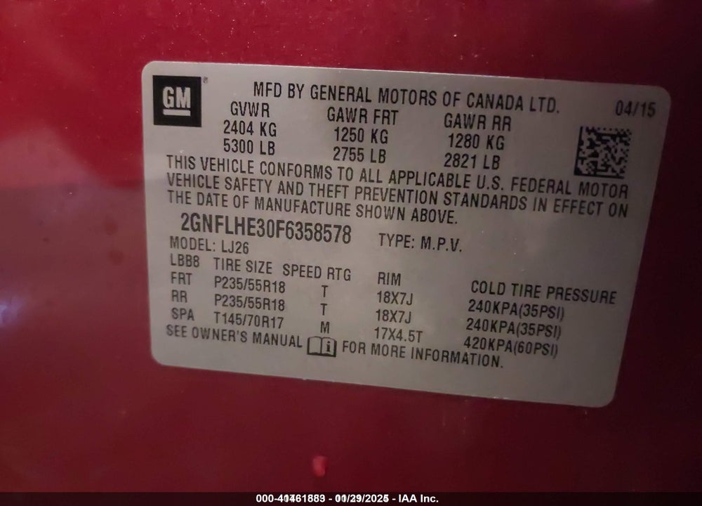 2015 CHEVROLET EQUINOX VIN: 2GNFLHE30F6358578