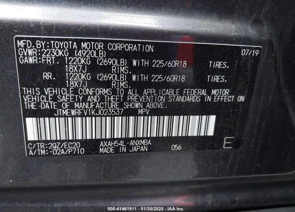 2019 TOYOTA RAV4 HYBRID XSE VIN: JTMEWRFV1KJ023537