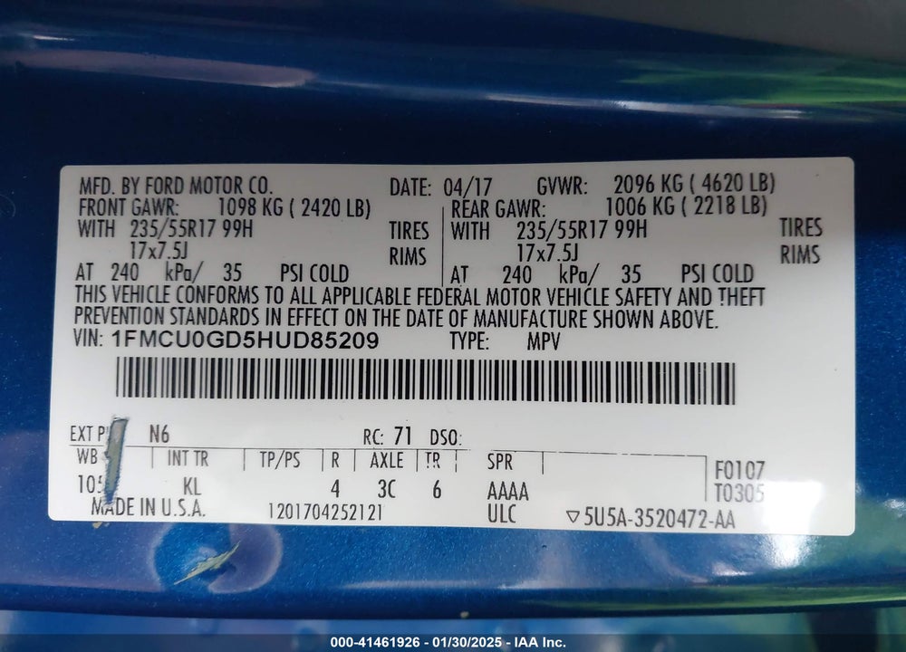 2017 FORD ESCAPE SE VIN: 1FMCU0GD5HUD85209