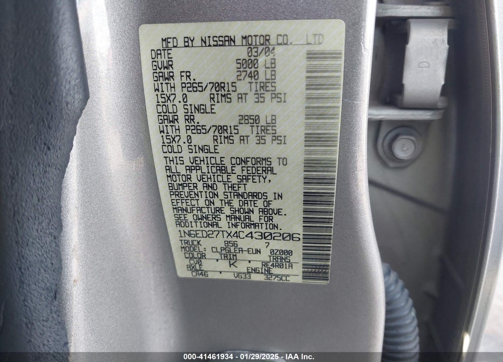2004 NISSAN FRONTIER XE-V6 VIN: 1N6ED27TX4C430206
