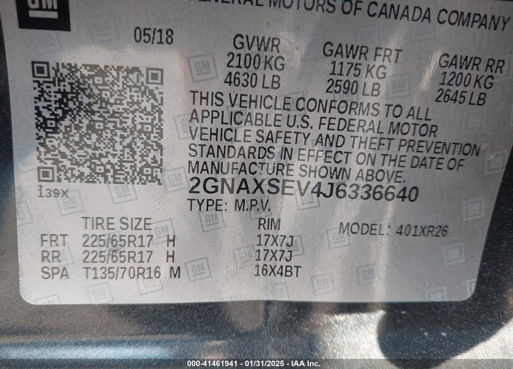 2018 CHEVROLET EQUINOX VIN: 2GNAXSEV4J6336640